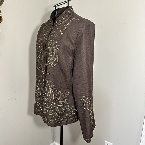 Silk Land Silk Pearl Button Jacket Women Size LG Brown with Green Embroidery - Picture 6 of 11